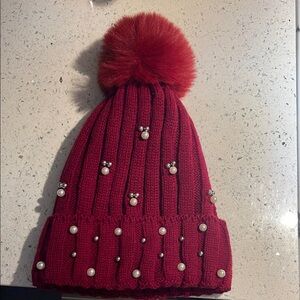 Chic Red Knit Beanie with Pearls